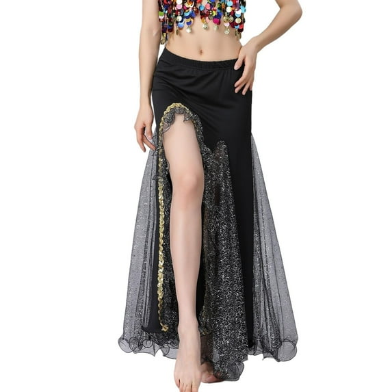 Ygbgbb Women's Sequin Slit Belly Dance Maxi Skirt Lightweight Flowy Chiffon Dance Skirt for Performance & Party & Belly Dance Costume Black Free Size