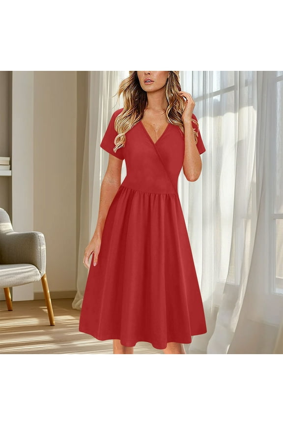 Women's Short Sleeve V Neck Wrap Dress Lightweight Summer Classic Casual Sundress Vacation Flowy Midi Dresses Navy M