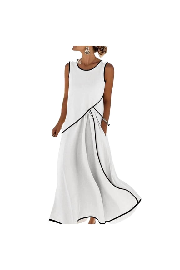 Women's Sleeveless Color-Blocked Maxi Dress, Round Neck Sundress with Pockets, Color Contrast Design Casual Summer Dress White XXL