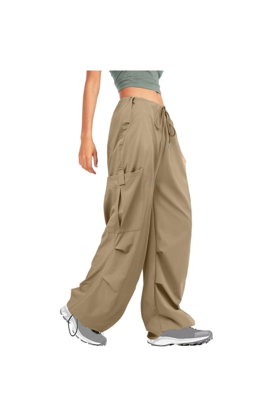 Women's Solid Color Baggy Hip Hop Harem Pants Drawstring Long Trousers Streetwear Parachute Cargo Pants with Pockets Khaki S