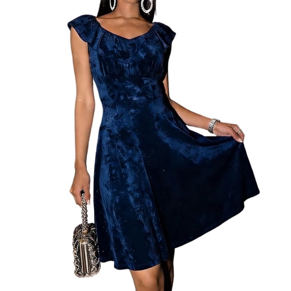 Ygbgbb Women's Solid Color Elegant Dresses Fitted Ruffle Neck Sleeveless Velvet Mini Dress - Casual Party Cocktail Dress Dark Blue L