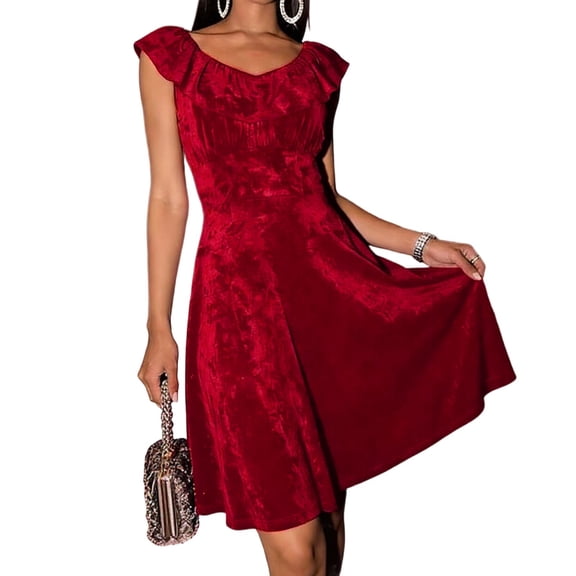 Ygbgbb Women's Solid Color Elegant Dresses Fitted Ruffle Neck Sleeveless Velvet Mini Dress - Casual Party Cocktail Dress Red S