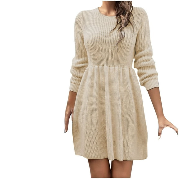 Ygbgbb Women's Solid Color Long Sleeve Round Neck Sweater Dress Sweater Knee Length Dress (Beige,S)