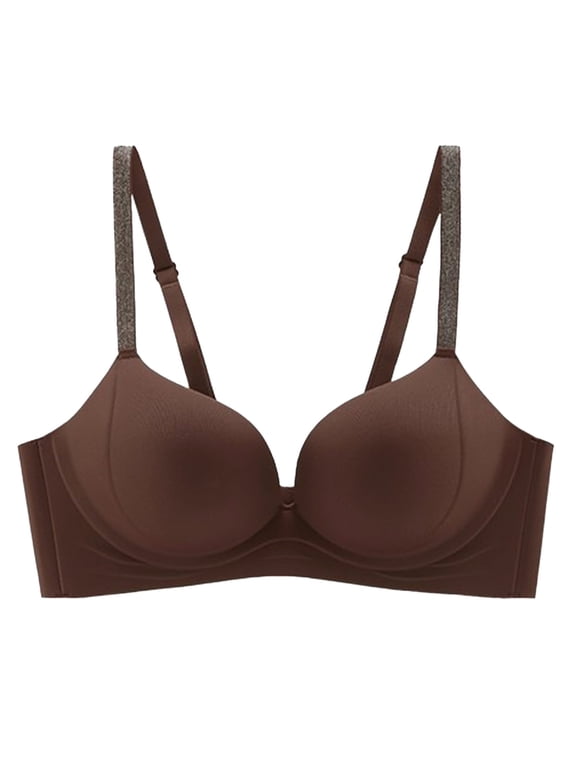 Women's Solid Smooth Underwire Push Up Bra, Thin Adjustable Spaghetti Straps Side Support Anti-Spill Casual Daily Bra Brown M