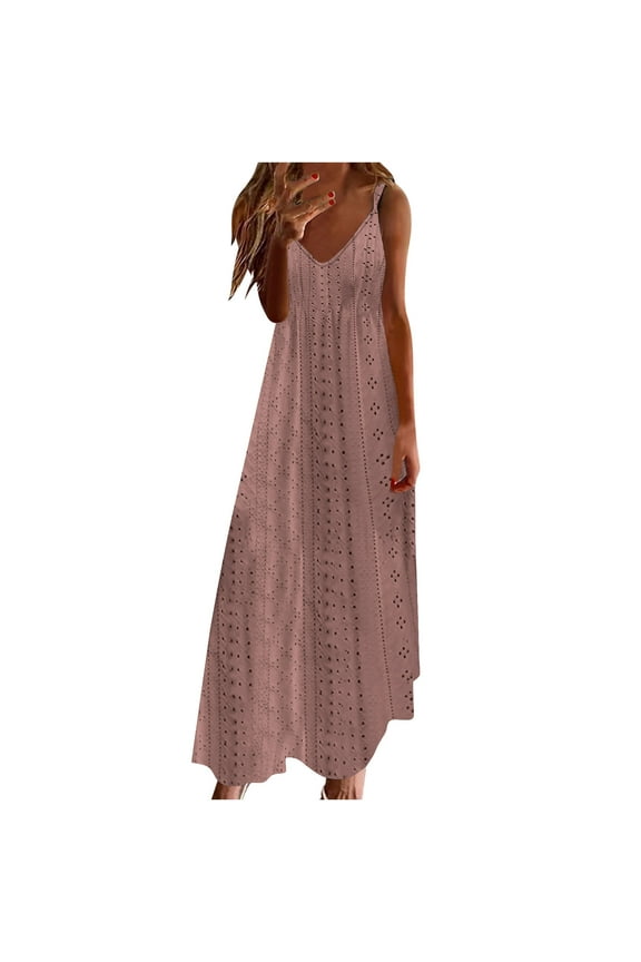 Women's Spaghetti Strap Sundress Casual Summer Maxi Dress Keyhole Eyelet Hawaiian Fishnet Dress Boho Dresses Trendy Beach Clothes 2026 Pink L