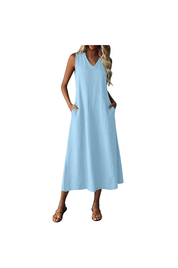 Ygbgbb Women's Spring Summer Solid V-Neck Sleeveless Dress Casual Zip Closure Simple Loose Fit Midi Summer Sundress Light Blue L