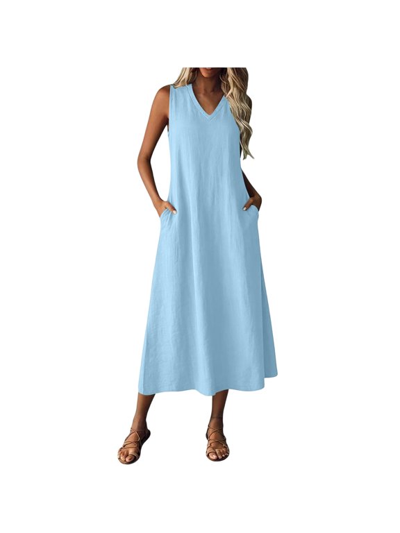 Ygbgbb Women's Spring Summer Solid V-Neck Sleeveless Dress Casual Zip Closure Simple Loose Fit Midi Summer Sundress Light Blue M
