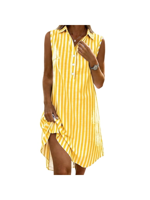 Ygbgbb Women's Spring Summer Striped Collared Sleeveless Tank Dress Casual Loose Fit Simple Midi Summer Sundress Yellow XL