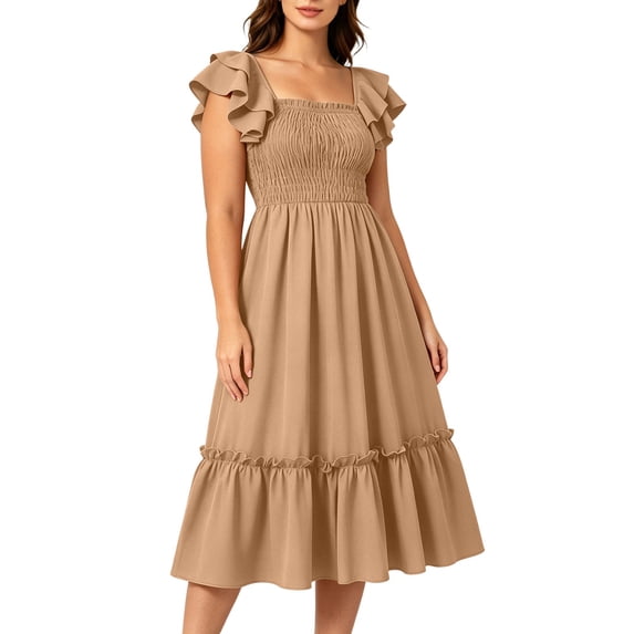 Ygbgbb Women's Square Neck Smocked Midi Dress with Ruffled Sleeves and Hem, Gathered Bust Dress, Ruffle Detail Casual Summer Sundress Khaki S