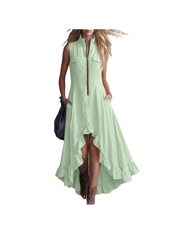Women's Stand Collar Half-Zip Maxi Dress with Ruffled Hem, Sleeveless Dress, Zip & Ruffle Detail Trendy Summer Sundress Green S