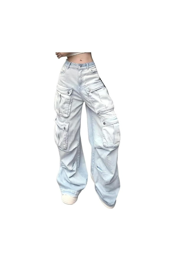Women's Streetwear Y2K Vintage Low Rise Jeans Baggy Straight Leg Denim Wide Leg Pants Oversized Trousers Pockets Blue Light Blue M