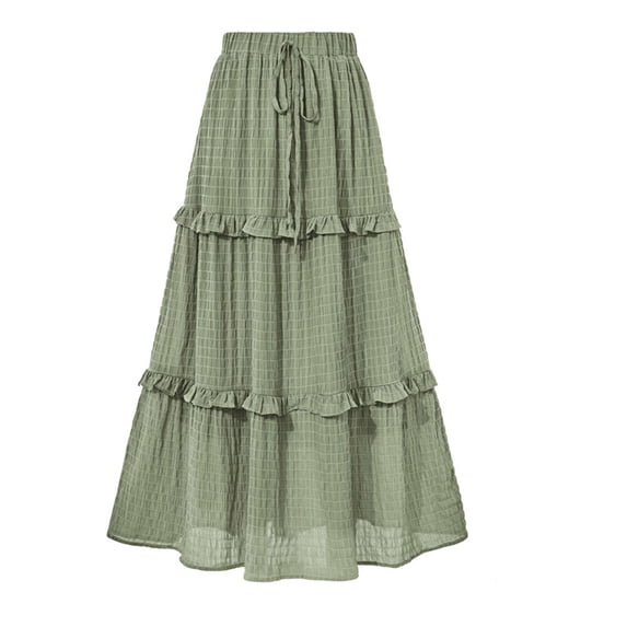 Ygbgbb Women's Summer Boho Maxi Skirt A-Line Flowy Ruffle Tiered Skirts Solid Daily Casual Pleated Skirts Elastic High Waist Beach Long Skirts Green L