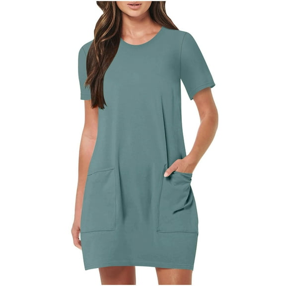 Ygbgbb Women's Summer Casual Dress Short Sleeve Crewneck Tunic Tops Night Out Solid Mini Dress Lightweight Loungewear Dress with Pockets Blue L