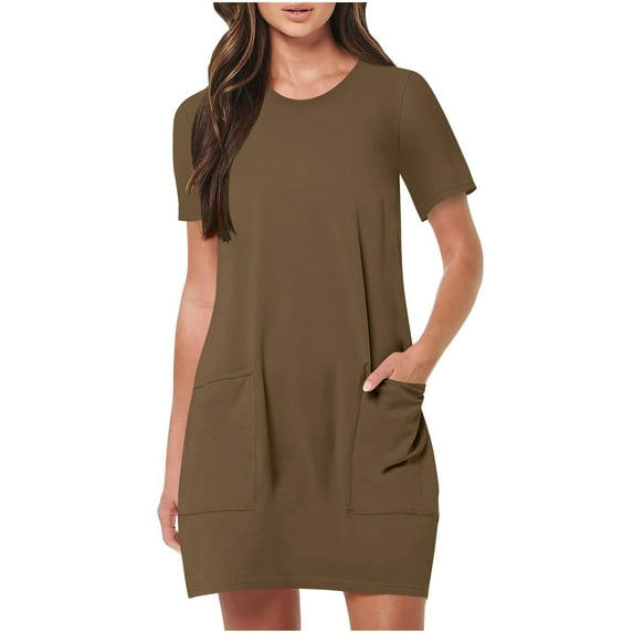 Ygbgbb Women's Summer Casual Dress Short Sleeve Crewneck Tunic Tops Night Out Solid Mini Dress Lightweight Loungewear Dress with Pockets Brown XL