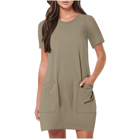 Ygbgbb Women's Summer Casual Dress Short Sleeve Crewneck Tunic Tops Night Out Solid Mini Dress Lightweight Loungewear Dress with Pockets Khaki S