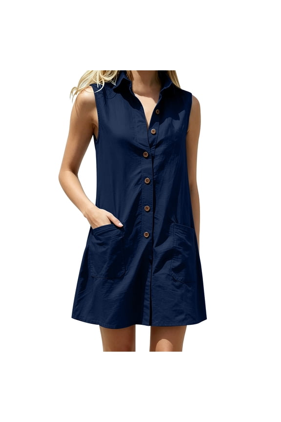 Ygbgbb Women's Summer Cotton Linen Collared Sleeveless Dress Casual Button Front Loose Fit Solid Midi Sundress for Beach Navy M