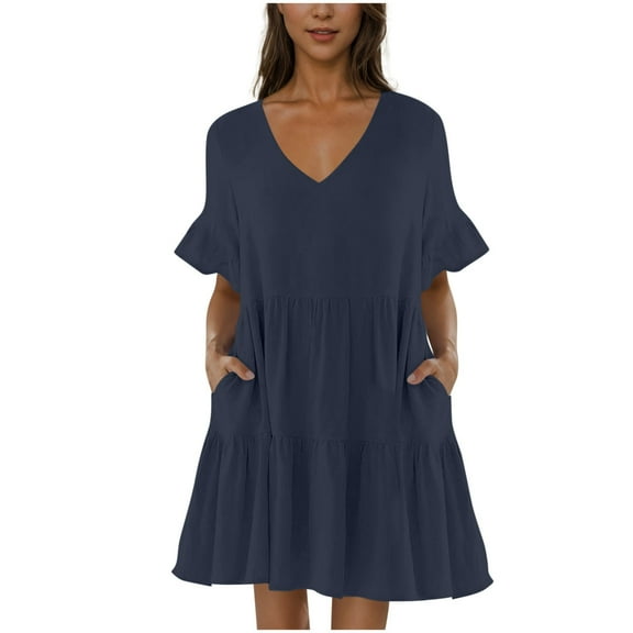 Ygbgbb Women's Summer Cotton Linen Midi Dress Short Sleeve Lapel Button Down Shirt Dress Casual A-Line Work Dress Loose Out Go Dress Navy XL