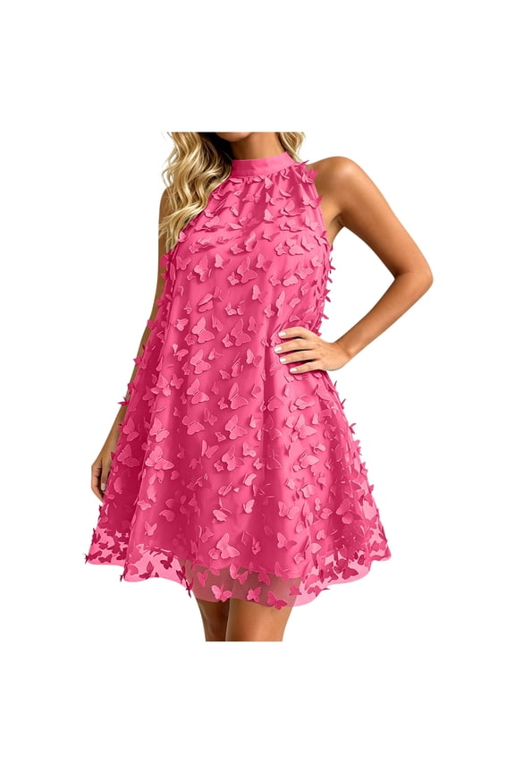 Ygbgbb Women's Summer Solid 3D Butterfly Appliques Mini Dress Casual Simple Crew Neck Sleeveless Loose Casual Summer Sundress Hot Pink XXL
