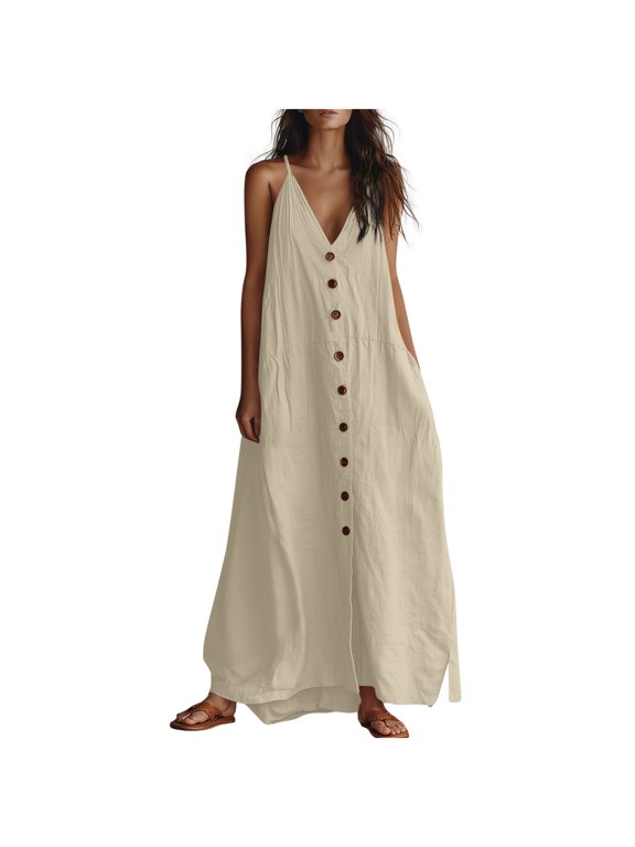 Ygbgbb Women's Summer Solid Cotton Linen V-Neck Sleeveless Dress Casual Side Slit Simple Loose Fit Midi Summer Sundress Khaki XL
