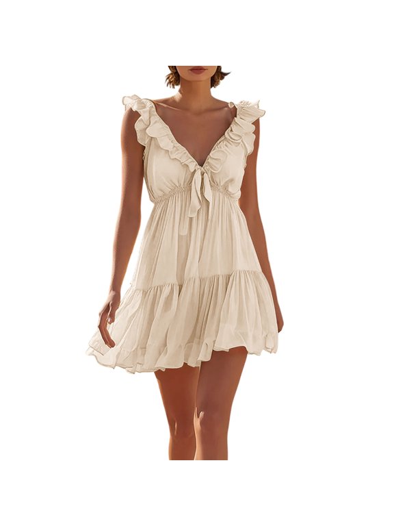 Women's Summer Solid V-Neck Sleeveless Dress Casual Petal Sleeve Loose Fit A-Line Simple Midi Summer Sundress Beige S