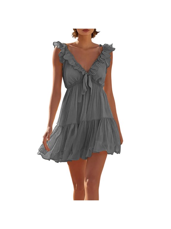 Women's Summer Solid V-Neck Sleeveless Dress Casual Petal Sleeve Loose Fit A-Line Simple Midi Summer Sundress Dark Gray XL
