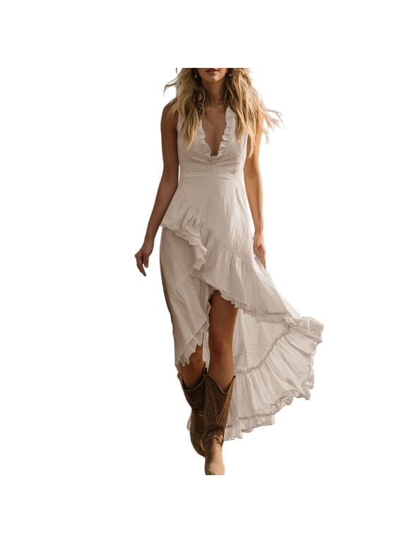 Women's Summer Solid V-Neck Sleeveless Dress Casual Ruffle Trim Asymmetric Hem Loose Fit Mini Summer Sundress Beige XL