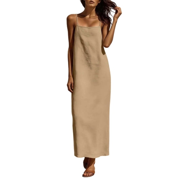 Ygbgbb Women's Washed Crinkle Cami Maxi Dress, Solid Color Sleeveless Spaghetti Strap Beach Sundress with Loose Fit Khaki L