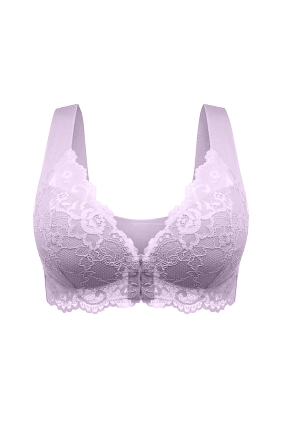 Women's Wide Strap Front Snap Closure Lace Wireless Bra, Back Cross Support Multi Button Breathable Full Coverage Lingerie Purple XXXL