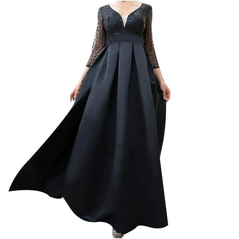 Ygbgbb Womens Ball Dresses Maxi Dress Short Sleeve Dresses V Neck Solid Color Pleated Waist Slit Side Flowy Summer Dresses Black XL Walmart