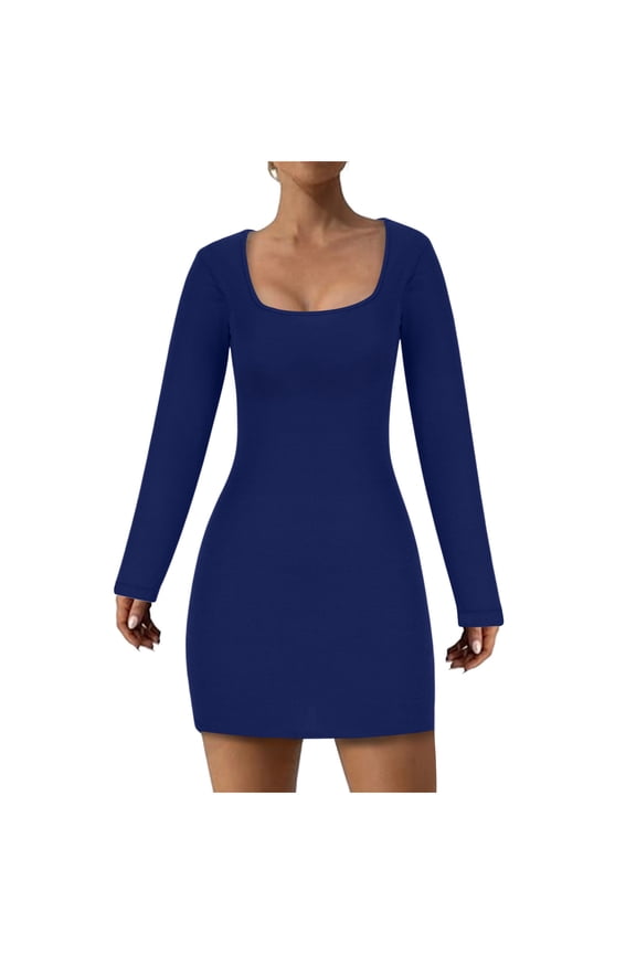 Womens Bodycon Dresses Square Neck Long Sleeve Dresses Solid Color Sexy Pleated Low Cut Slim Waist Hip Casual Mini Dresses Blue M