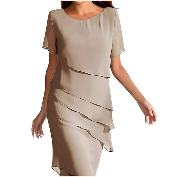 Ygbgbb Womens Chiffon Dresses Solid Color Short Sleeve Dresses Round Neck Layered Pleated Waist Hip Summer Dresses Maxi Dress Beige XXXL
