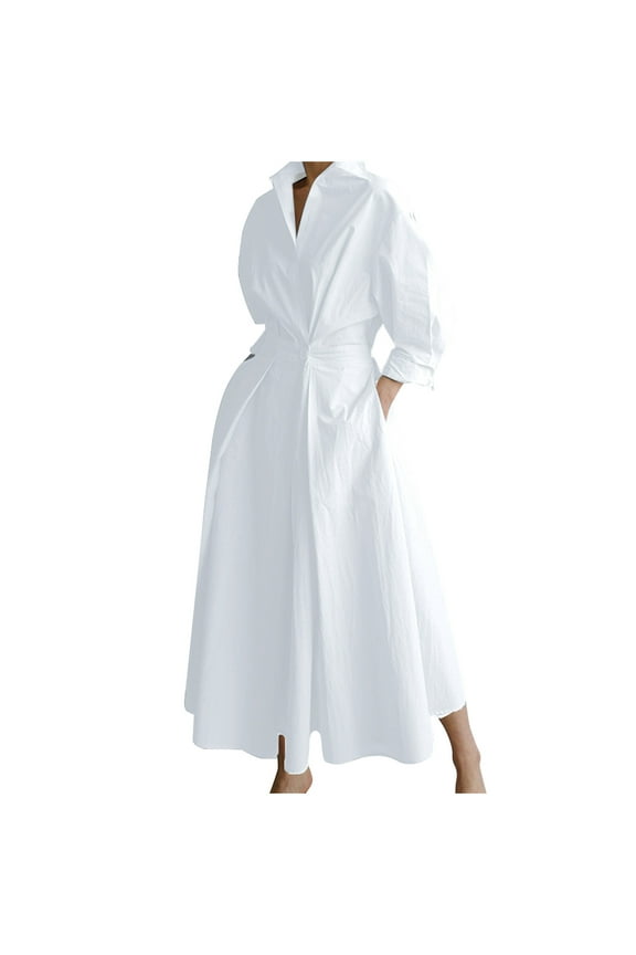 Womens Cotton Button Down Maxi Tshirt Dress Ladies Collared Lapel Long Sleeve Dresses (White,XL)