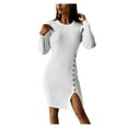 thumbnail image 1 of Ygbgbb Womens Cotton Fall Bodycon Dresses Round Neck Solid Color Mini Dresses Long Sleeve Dresses Pleated Waist Slit Side Slim Casual White XXL, 1 of 9