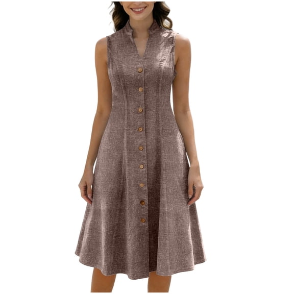 Ygbgbb Womens Cotton Linen Beach Cover Up Button Down Sleeveless Shirt Dress 2026 Summer Mini Dresses Lightweight Mock Neck Dress Brown S