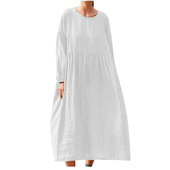 Ygbgbb Womens Cotton Linen Fall Dresses Solid Color Long Sleeve Dresses Round Neck Pleated Waist Casual Maxi Dress White M