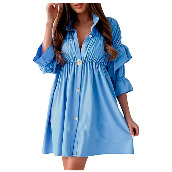 Ygbgbb Womens Cotton Linen Fall Dresses Solid Color Ruffle Tiered Long Sleeve Dresses Deep V-Neck Pleated Waist Button Casual Mini Dresses Blue S