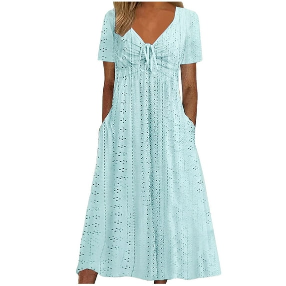 Ygbgbb Womens Dresses Fashion Solid Color Short Sleeve Summer Dresses Bandage V-Neck Eyelet Casual Dress Loose Vacation Long Dresses Light Blue L
