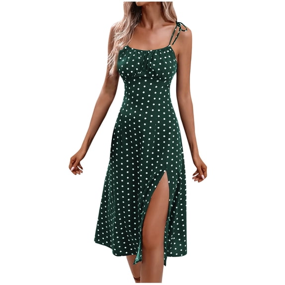 Ygbgbb Womens Dresses Lightweight Summer Midi Dress Spaghetti Strap Boho Dress Fashion Retro Side Slit Polka Dot Print Vacation Beach Dress Army Green M