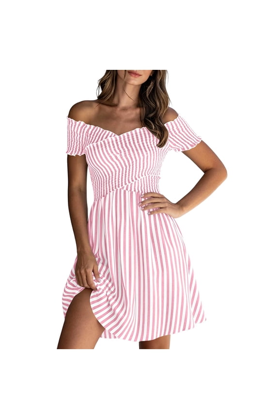Womens Dresses Off Shoulder Smocked Waist Mini A Line Swing Striped Print for Beach Getaway Casual Weekend Stroll Pink S