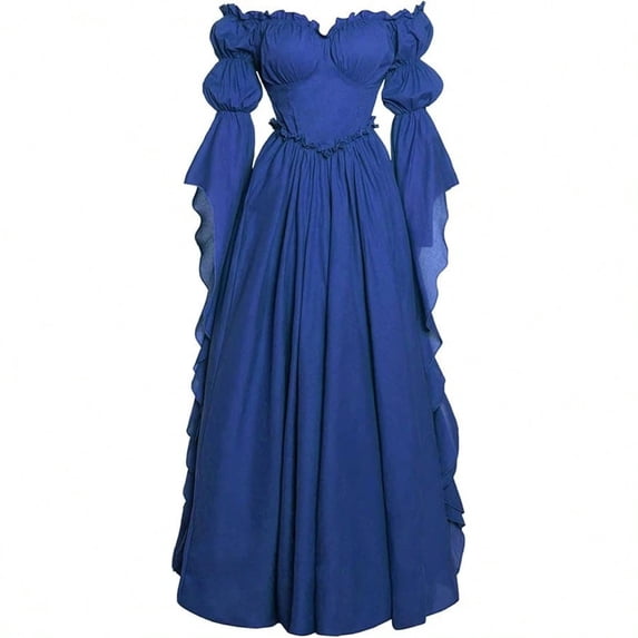 Ygbgbb Womens Dresses Puff Off Shoulder Flared Long Vintage Maxi Gown for Medieval Cosplay Wedding Formal Evening Party Blue M