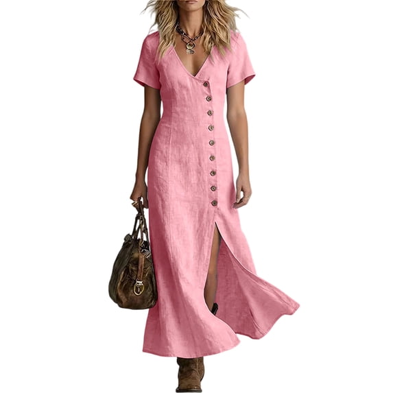 Ygbgbb Womens Dresses Short Sleeve V Neck Asymmetrical Button High Side Slit Slim Maxi for Western Festival Outdoor Party Outfit Pink M