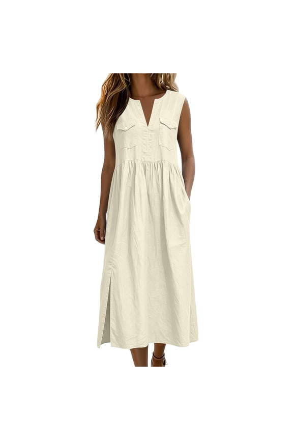 Womens Dresses Sleeveless Split V Neck Dual Patch Pockets Side Slit Oversized Maxi for Weekend Vacation Farm Sightseeing White S