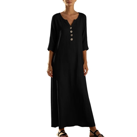 Ygbgbb Womens Dresses Three Quarter Split V Neck Button Placket Oversized Flowy Maxi for Backyard Leisure Weekend Road Trip Getaway Black S