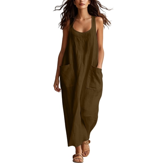 Ygbgbb Womens Dresses U Square Tank Strap Dual Patch Pockets Loose Maxi Tunic for Summer Beach Casual Daily Market Walk Brown XL