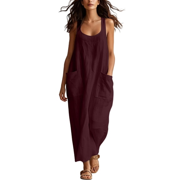 Ygbgbb Womens Dresses U Square Tank Strap Dual Patch Pockets Loose Maxi Tunic for Summer Beach Casual Daily Market Walk Wine XXL