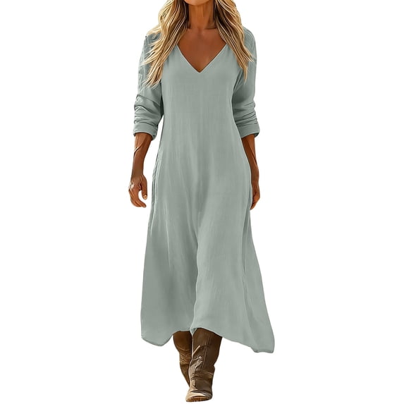 Ygbgbb Womens Dresses V Neck Long Sleeve Loose Flowy Side Slit Maxi Tunic for Countryside Holiday Outdoor Sightseeing Gray L