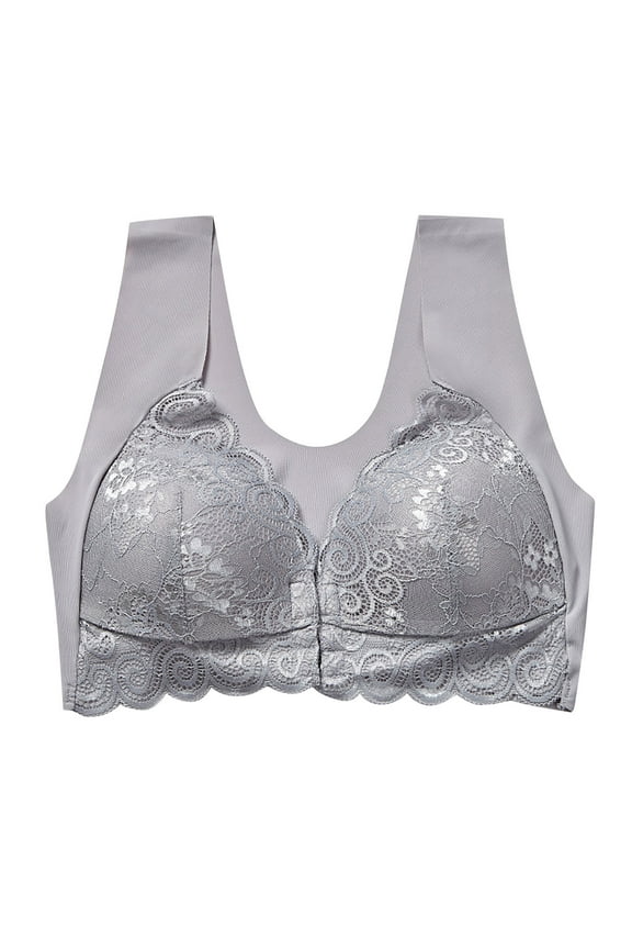 Womens Everyday Bras Soft Thin Front Close Button Bralette Padded Wireless Push Up Solid Color Lace Daily Bras Beauty Back Comfortable and Breathless Bras Gray XL