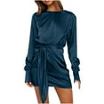 thumbnail image 1 of Ygbgbb Womens Fall Dresses Bishop Sleeve Dresses Solid Color Pleated Tie Waist Hip Casual Mini Dresses Round Neck Dark Blue M, 1 of 6