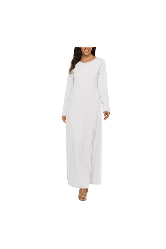 Womens Fall Dresses Long Sleeve Dresses Maxi Dress Round Neck Solid Color Pleated Waist Casual Dresses White L