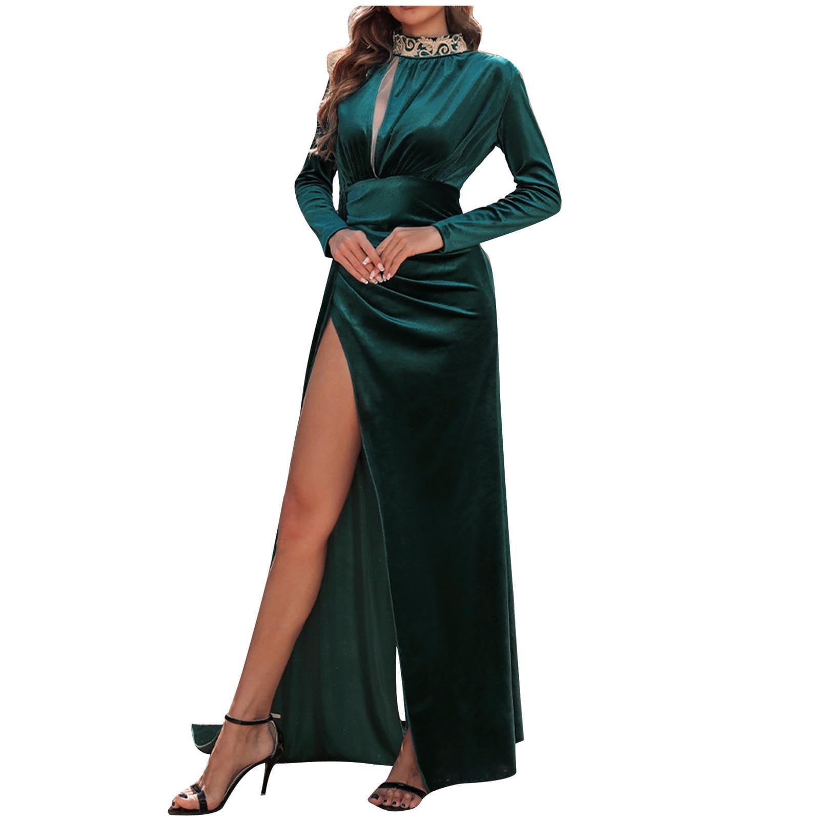 Ygbgbb Womens Fall Dresses Solid Color Long Sleeve Dresses Round Neck Pleated Waist Slit Side Casual Maxi Dress Green L Walmart